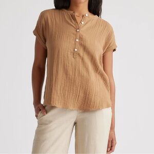 Quince Women’s 100% Organic Cotton Gauze Roll Sleeve Shirt Sz S Toasted Coconut